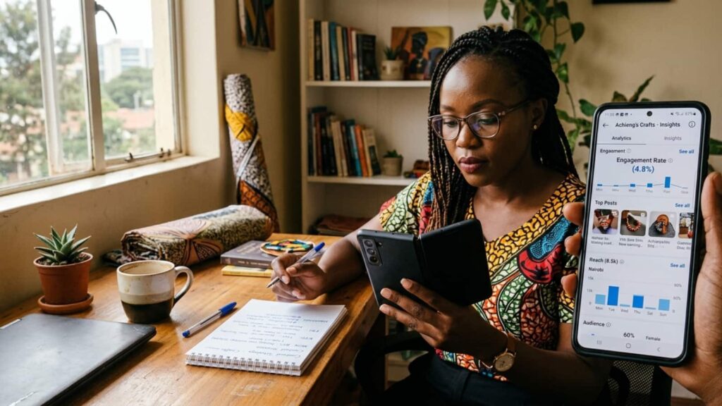 A Kenyan small business owner review insights at a wooden desk with a phone dashboard and a notebook detailing a social media management strategy.