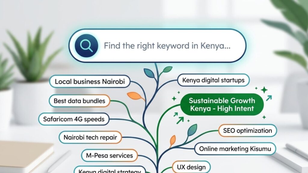 An approachable graphic displaying a digital search bar with search query suggestions branching out like a small tree to illustrate keyword research strategies, highlighting a single high-intent green branch for sustainable business growth in Kenya among other local marketing options.