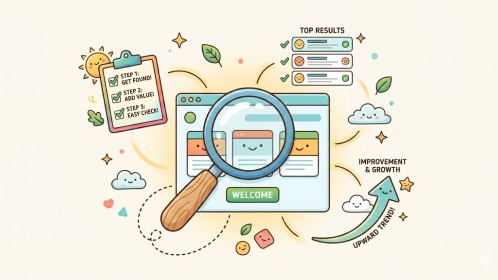 A friendly and simple cartoon illustration introducing seo basics, featuring a large magnifying glass focusing on a basic website mockup with a welcome button, surrounded by an approachable checklist, search results, and a small upward arrow indicating growth.
