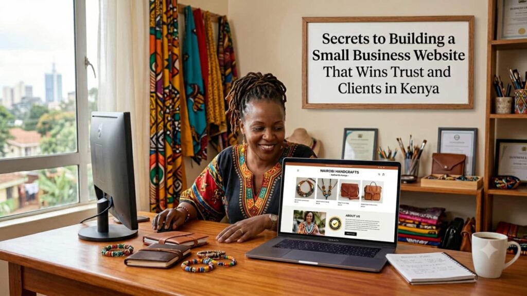 A Kenyan entrepreneur works on her e-commerce small business website in a cozy home office in Nairobi.