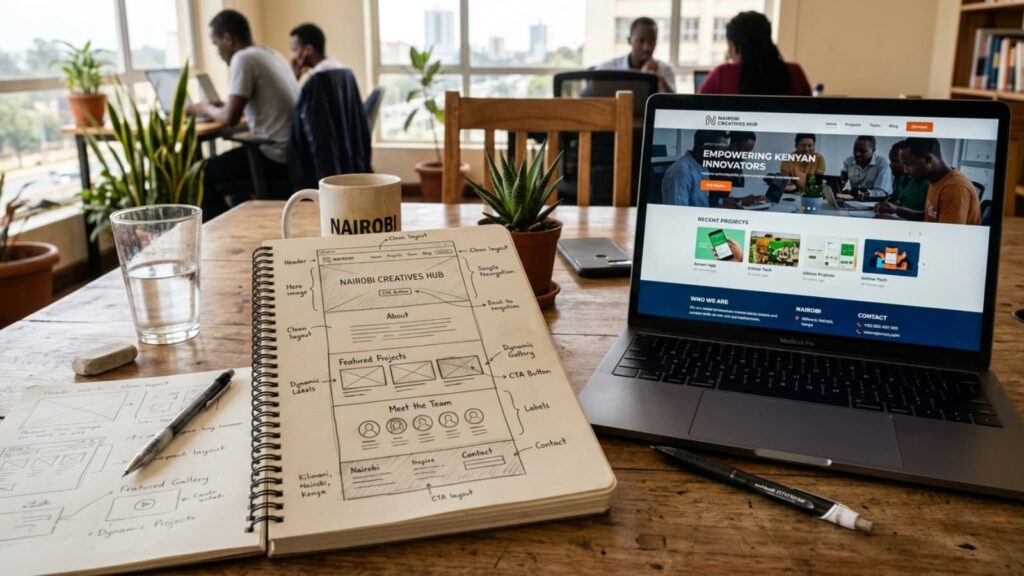 A flat-lay photograph of a notebook showing a hand-drawn website wireframe sketch next to a laptop displaying a matching, clean website homepage. The scene is set on a wooden desk with warm, natural lighting in a bright Nairobi co-working space, illustrating the planning stage of a website strategy.