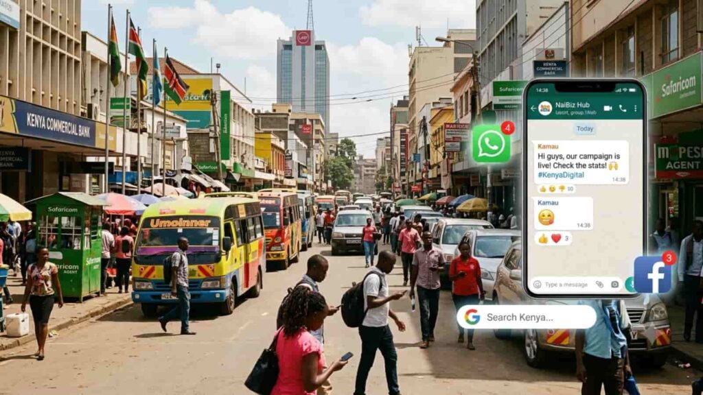 A wide, vibrant street scene in downtown Nairobi with people walking past matatus, subtly overlaid with digital marketing Kenya design elements including a smartphone showing a WhatsApp business chat, a mobile Google search bar, and social media notification icons