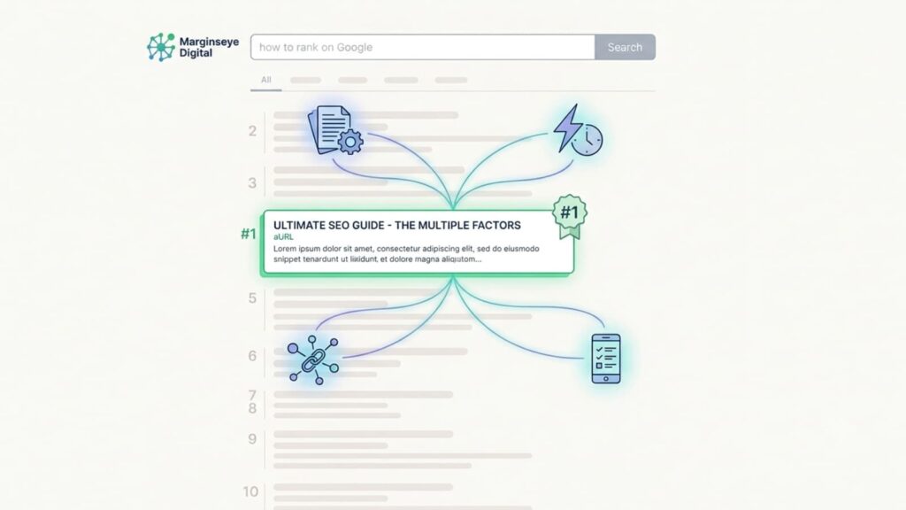 A clean, minimal illustration of a search engine results page displaying an optimized website snippet highlighted at the top position, with connected icons for content quality, page speed, backlinks, and mobile-friendliness visualizing how to rank on Google.