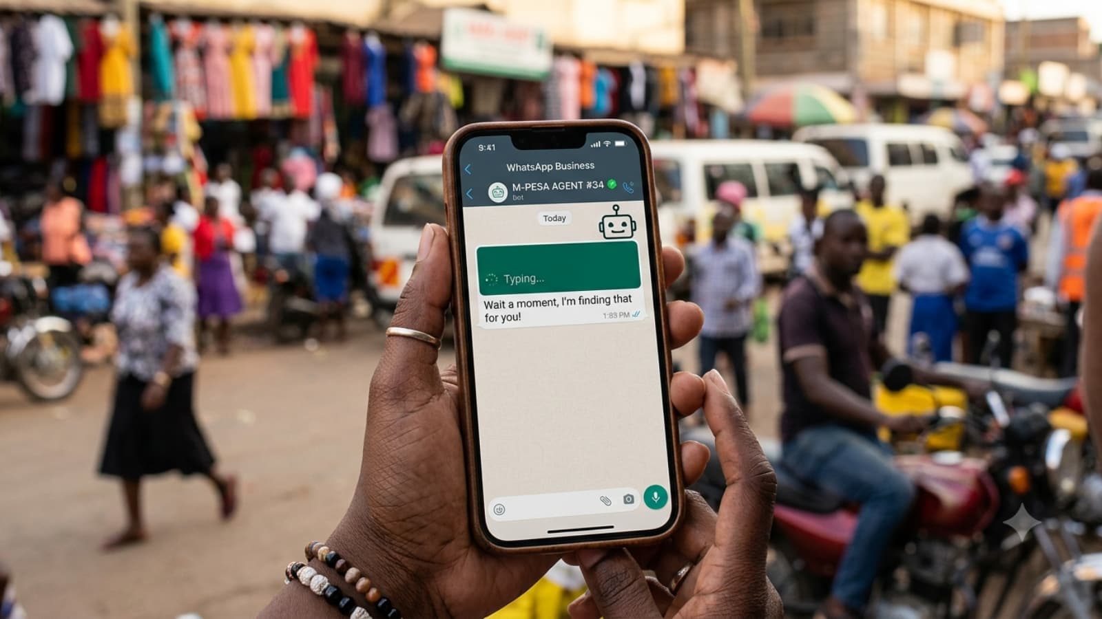 A close-up photograph capturing a hand holding a smartphone in a bustling Nairobi market. The screen displays a WhatsApp Business chat with an 'M-PESA AGENT' bot actively typing, a crucial first step when learning how to set up a WhatsApp AI chatbot to handle customer queries automatically in Kenya.