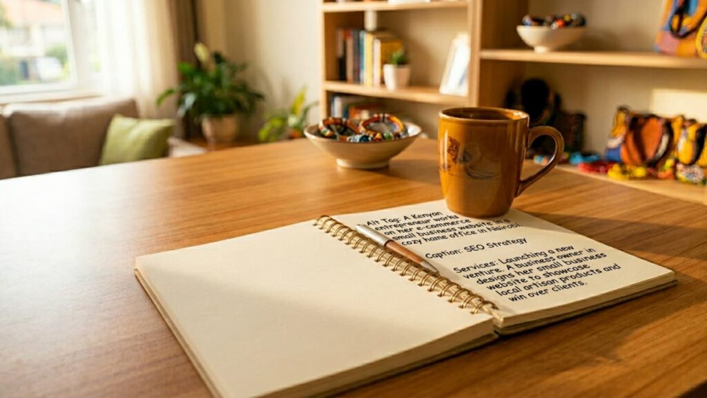 An open notebook on a home office desk in Kenya with a coffee mug, showing handwritten notes and a list that includes 'SEO Strategy Services' for a small business website, contrasting a DIY approach.