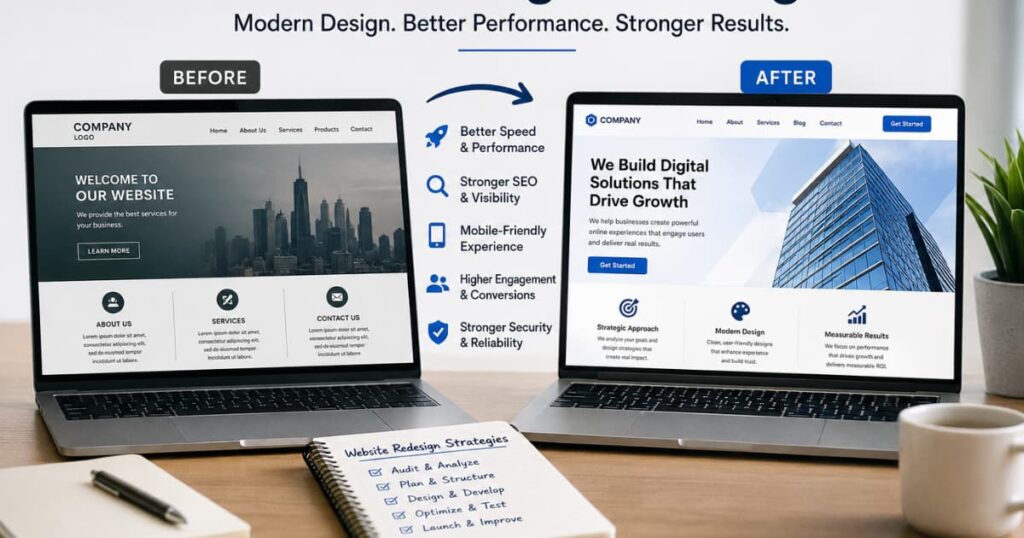 Website redesign strategies comparison showing an outdated website transformed into a faster, modern, mobile-friendly business website