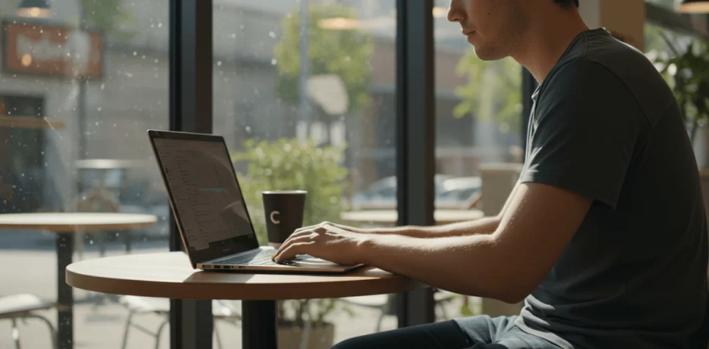 A man using a refurbished laptop using it on a table by a window