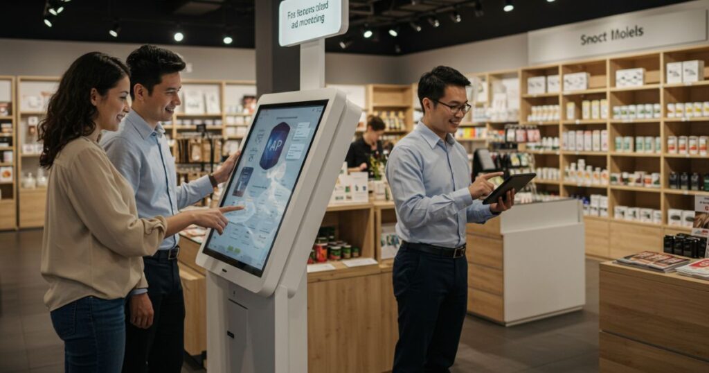 An image showing AI’s Impact on Customer Service and Engagement using a AI booth to scroll through options