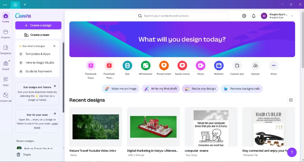 screenshot of canva home page showing why its the ebst in content creation