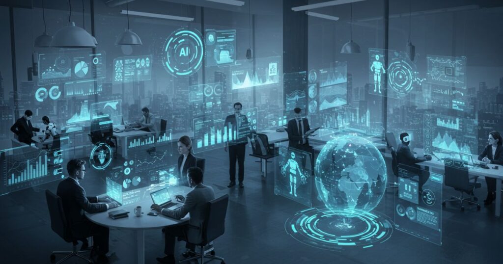 a picture of a futuristic setup with AI in business with people obviously using AI