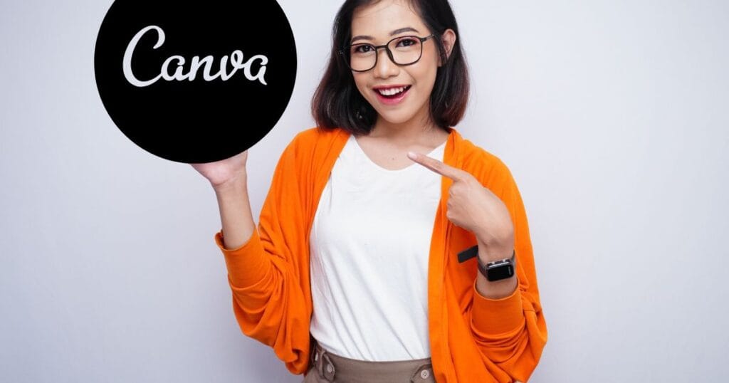 A picture of a woman holding an icon of Canva almost asking if its a good