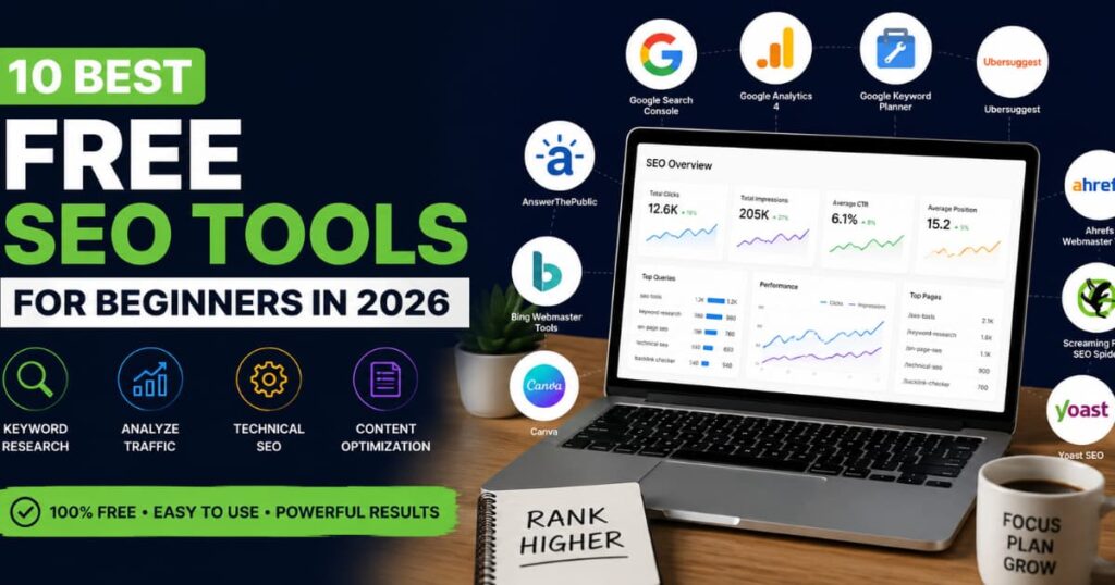 Laptop displaying free SEO tools dashboards including Google Search Console, Google Analytics, Ahrefs, and Ubersuggest for beginners learning SEO