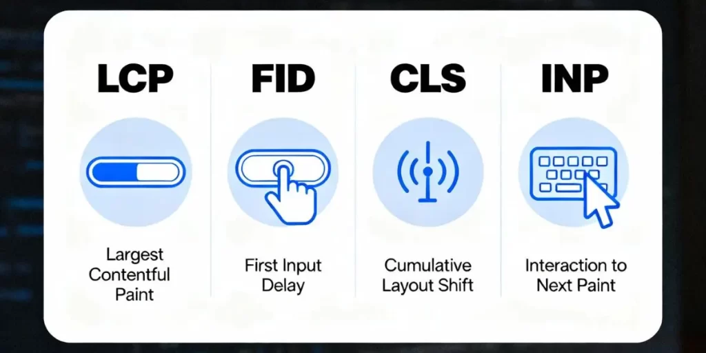 Diagram showing the four Core Web Vitals metrics — LCP, FID, CLS, and INP — with icons representing loading speed, interactivity, visual stability, and responsiveness