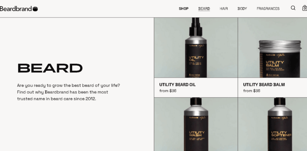 An image of Beardbrand's distinctive product packaging and branding.