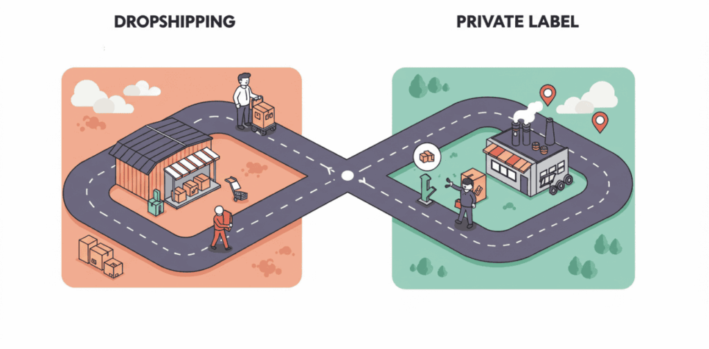 an image depicting the closeness yet difference in Dropshipping or Private Label