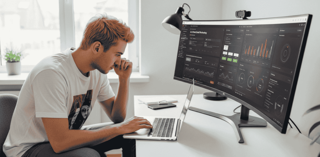 A digital marketer working at a desk with a large, curved widescreen monitor displaying a comprehensive AI email marketing dashboard. The screen shows real-time data visualizations including engagement graphs, predictive performance charts, and automated workflow segments, illustrating the high-level data architecture required for modern email strategy.