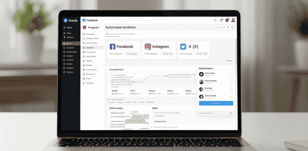 an image showing automation of social media tools on a laptop screen