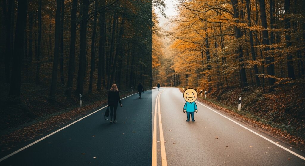 How to Use HubSpot for Lead Generation That Actually Converts 3 an image of a dark road with people walking away probably having problems with lead generation and the right having a smiling cartoon character of someone having a good time
