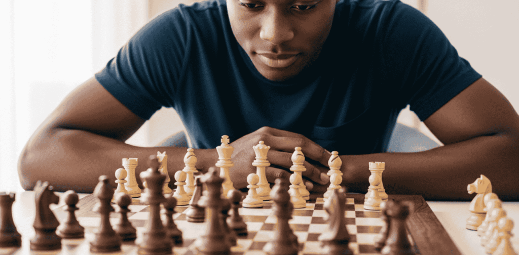 an image of a man looking at a chessboard creating strategy just like when you look for the Best Strategy for Using Free Social Media Automation Tools Without Hitting a Wall?