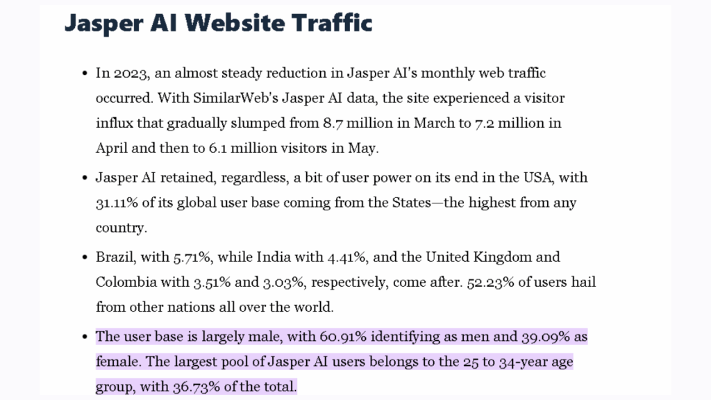 Jasper AI For Genuine AI Blog Post Writing In 2025 3 an image of jasper AI web traffic facts  in Key Features for AI Blog Writing