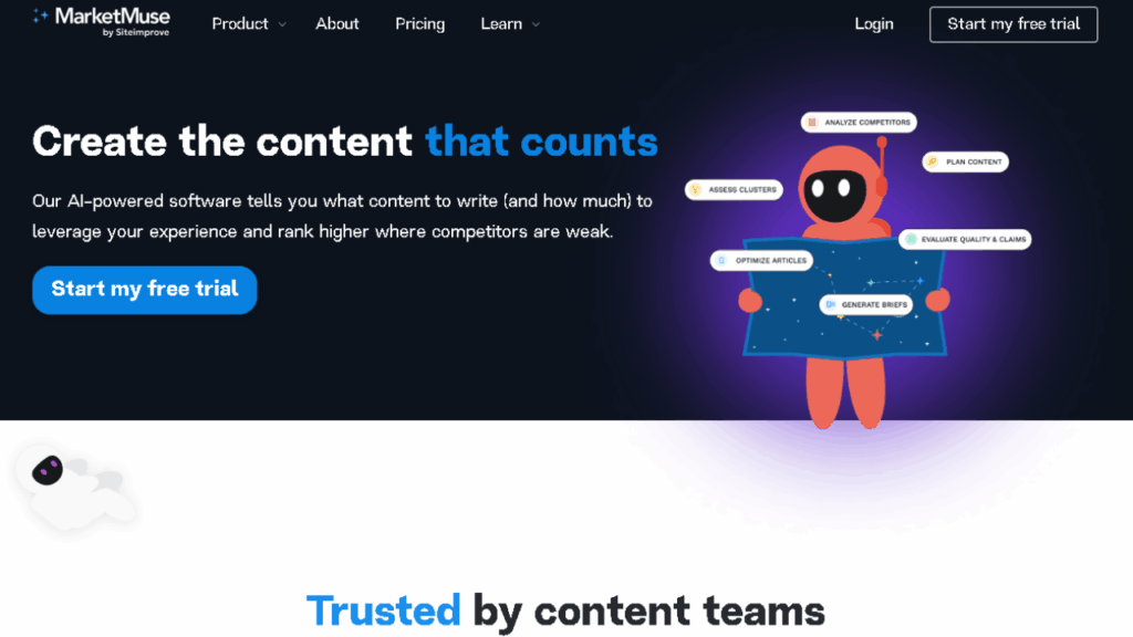 MarketMuse: How to Soar Your Content Strategy in 2025 2 MarketMuse homepage for content strategy optimization in 2025.