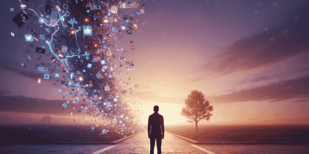 an image of a man in a scenic background with social media icons visible