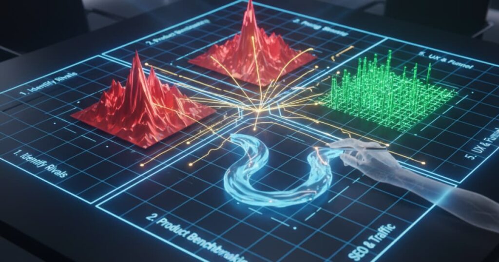 Futuristic data interface showing competitor analysis metrics — Identify Rivals, Product Benchmarking, UX & Funnel, and SEO & Traffic — with a digital hand interacting