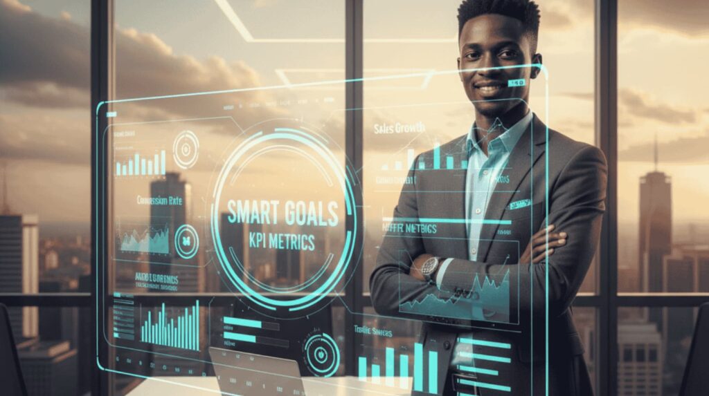 a kenyan man looking at the screen with a hologram of smart goals & kpis for your ecommere store