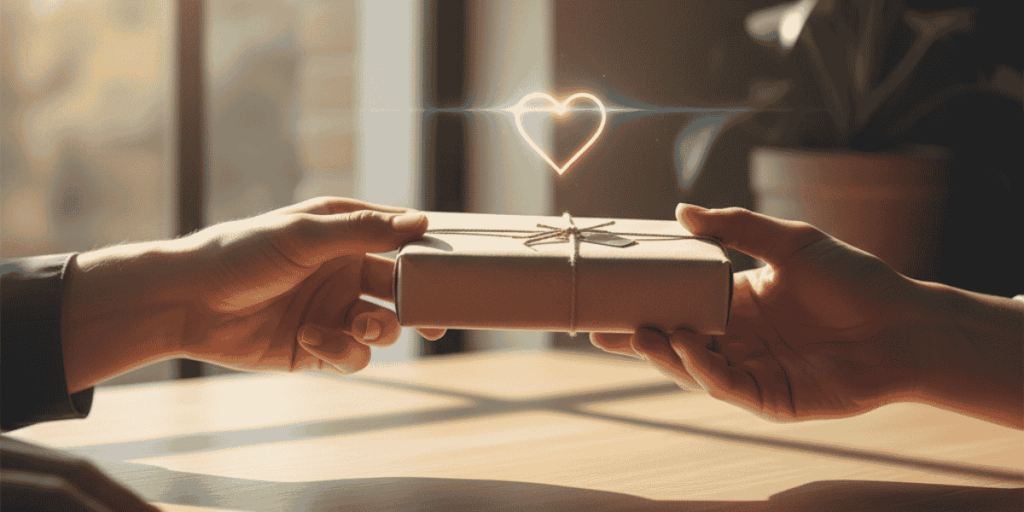 an exchange of a gift with one hand giving and the other receiving indicating the target audience receiving what they need