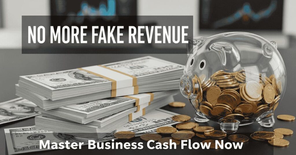 a pile of money with a sign showing no more fake revenue
