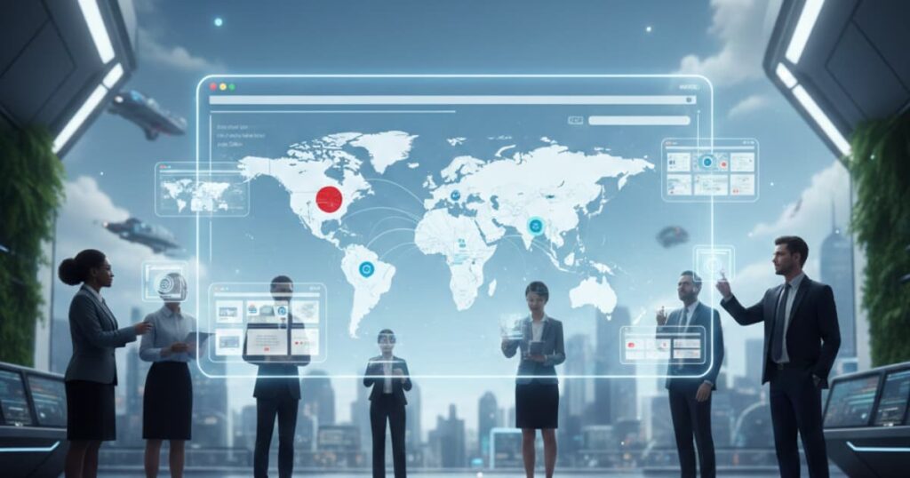 Professionals collaborate around a transparent digital interface displaying a world map with global data points, symbolizing advanced technology and strategic connectivity in a modern cityscape