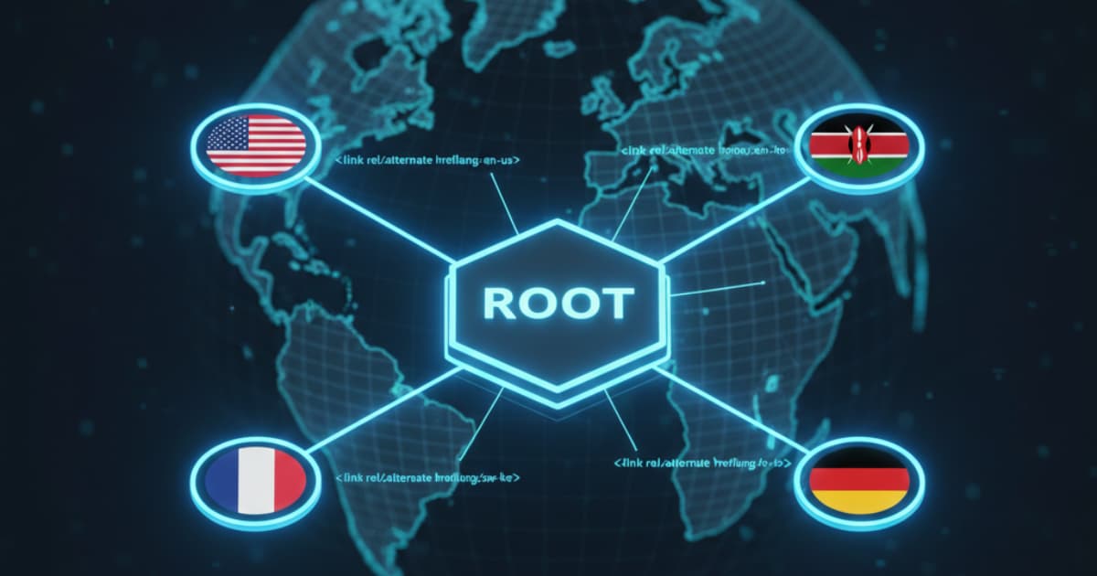 Hreflang signal network diagram showing a root domain connected to US, Kenya, France, and Germany alternate pages with link rel alternate annotations