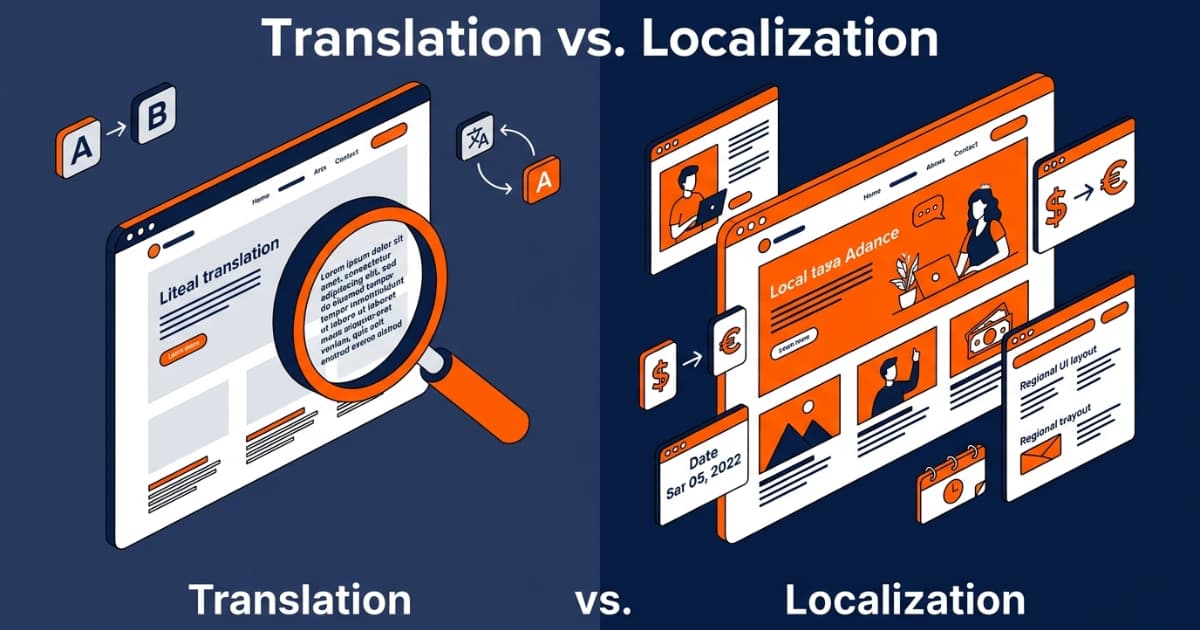 A split-screen digital infographic comparing "Translation" vs "Localization." The left side shows a website with a magnifying glass over literal text; the right side shows a more complex website layout with currency conversions ($ to €), a calendar for local date formats, and culturally adapted images in a navy and orange flat isometric style