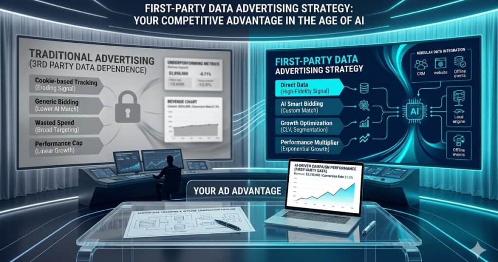 A professional split-scene digital command center illustration showcasing a first-party data advertising strategy, contrasting an underperforming traditional advertising layout on the left with a dynamic, high-fidelity AI-driven data strategy network on the right.
