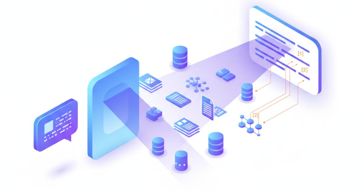 A 3D isometric infographic illustrating the AI retrieval pipeline, showing a user query bubble being filtered through a knowledge base of documents and databases, resulting in a synthesized AI response with numbered footnote citations.