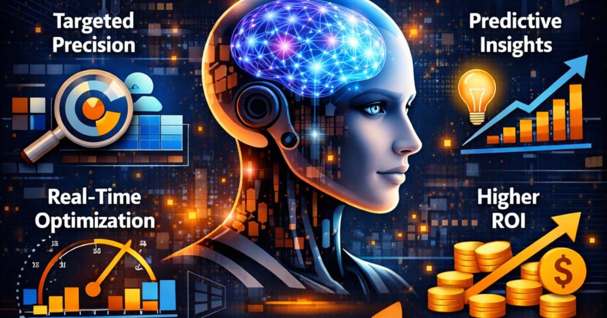 Futuristic AI head surrounded by digital advertising icons representing precision targeting, real-time optimization, predictive insights, and performance-driven results.