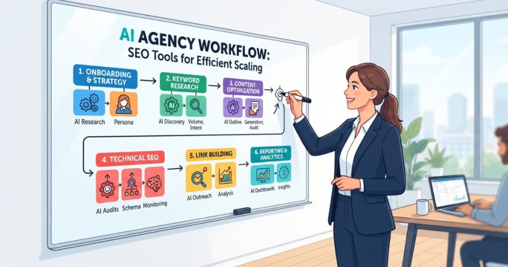 Whiteboard diagram illustrating AI Agency Workflow SEO Tools covering onboarding, keyword research, content optimization, technical SEO, link building, and reporting.