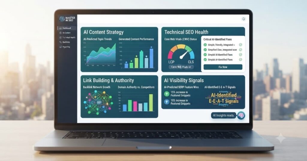 Detailed screenshot of the "MASTER AI SEO" analytics platform displayed on a laptop, featuring distinct AI SEO dashboards for Content Strategy, Technical Health, Link Building, and Visibility Signals against a blurred city background.