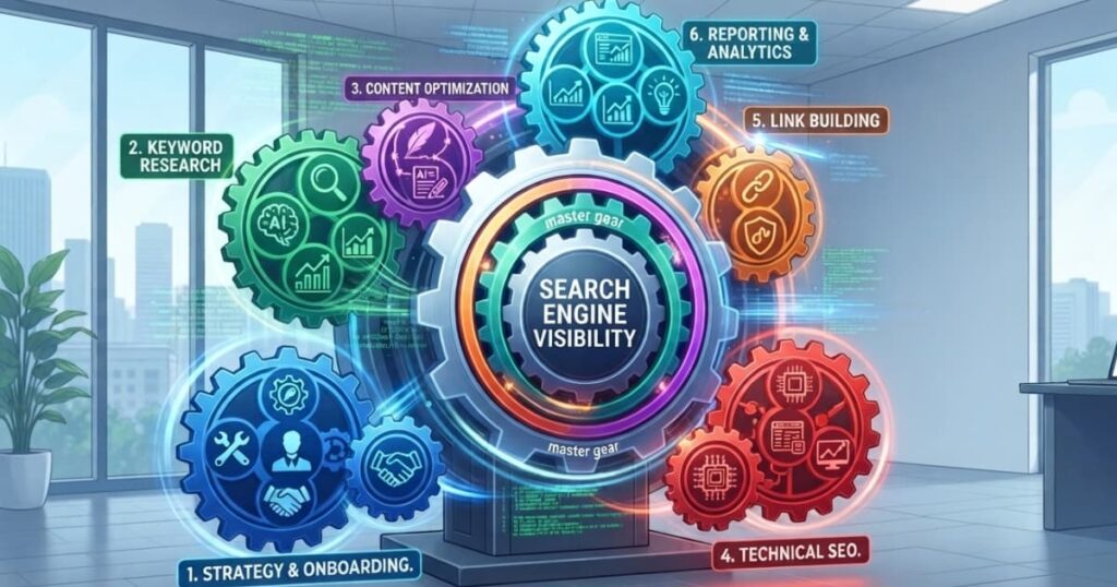 Dashboard view of AI SEO reporting tools tracking organic traffic, keyword rankings, and revenue ROI.