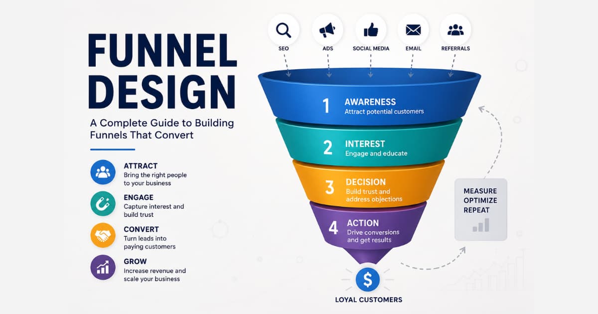 Funnel design infographic showing the four stages of a sales funnel—awareness, interest, decision, and action—for lead generation and conversion optimization