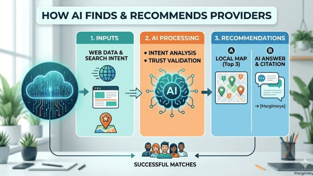 A simplified three-step infographic explaining how AI search tools discover and recommend service providers based on web data inputs, intent analysis, and local map or citation tracking.