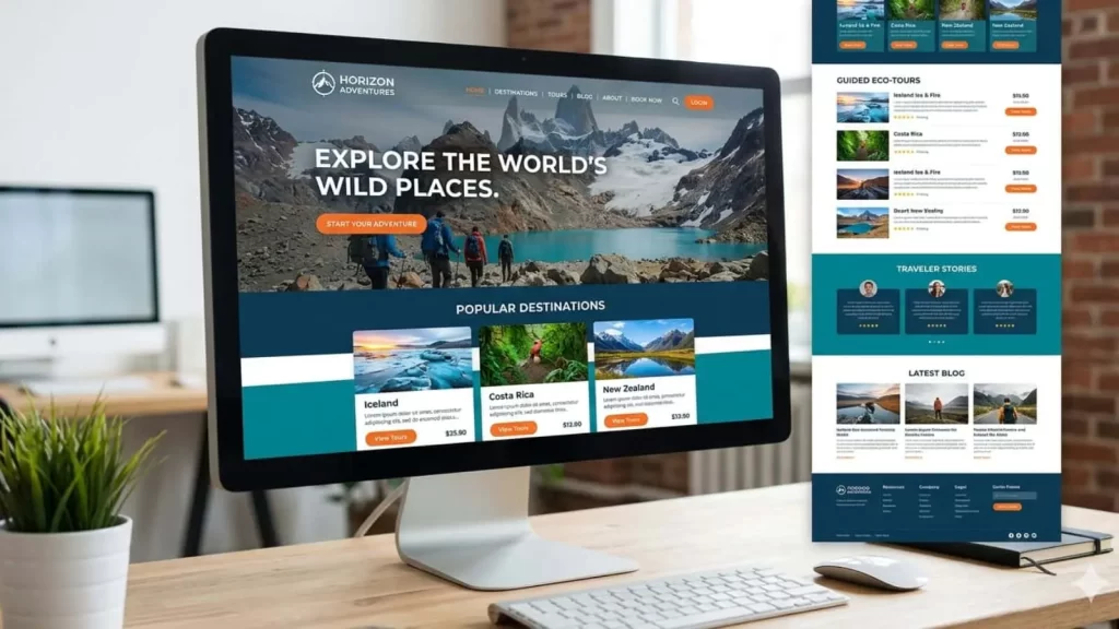 website design for business growth – professional web design displayed on a desktop monitor showing a business homepage