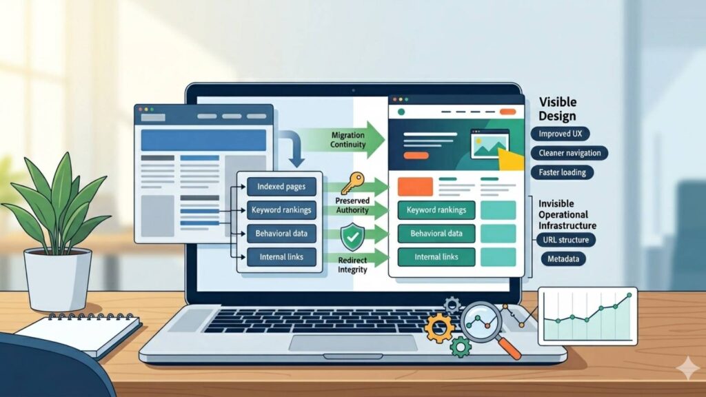 Diagram illustrating how to rebuild a website without losing SEO value, showing migration continuity between old and new site versions with preserved indexed pages, keyword rankings, behavioral data, and internal links.