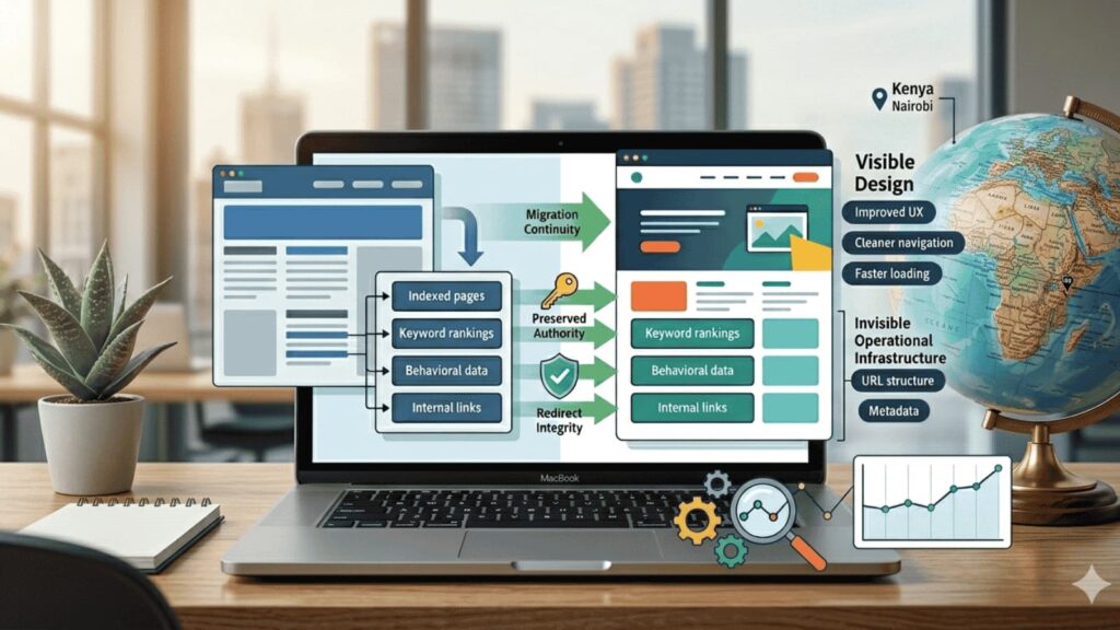 A realistic laptop displaying a website migration blueprint next to a physical globe pin-pointed at Nairobi Kenya, illustrating portfolio visibility beyond your local market parameters.