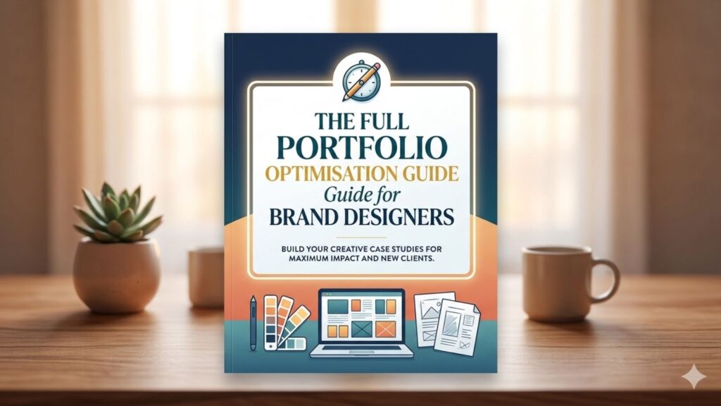 Book cover titled “The Full Portfolio Optimisation Guide for Brand Designers” displayed on a wooden desk with a blurred workspace background, featuring design tools, a laptop mockup, and branding elements in a modern creative workspace setting.