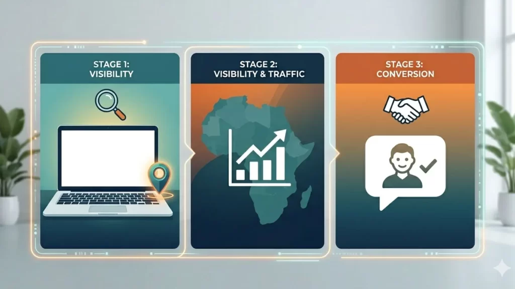 Website SEO for small business – strategy illustration showing how small business owners can rank on Google, drive organic traffic, and convert visitors into customers