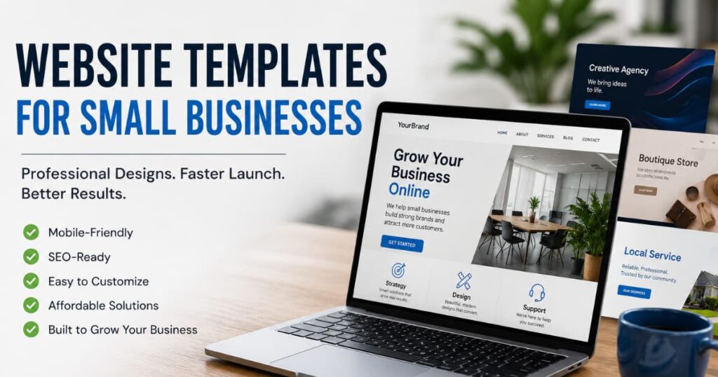 Website templates for small businesses displayed on responsive website layouts designed for fast, professional business websites