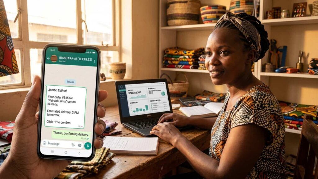 A Kenyan small business owner in her home textile workshop smiles as an automatic chat from an AI-powered assistant on her smartphone simplifies order management, illustrating how local entrepreneurs are integrating simple AI tools for small business.