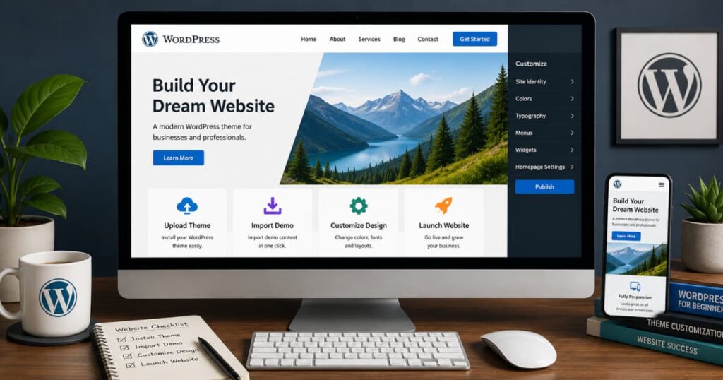 Modern WordPress website template installation workspace showing a desktop monitor and mobile preview with a clean responsive website layout and customization dashboard.