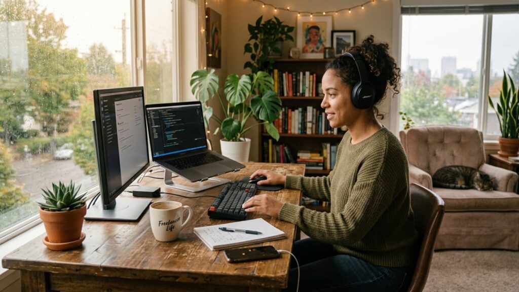 A female freelancer wearing headphones works at a rustic wooden desk from home, using a dual-monitor setup with a laptop and an external screen next to a window on a rainy day. A notebook on her desk outlines a client acquisition strategy for freelancers.